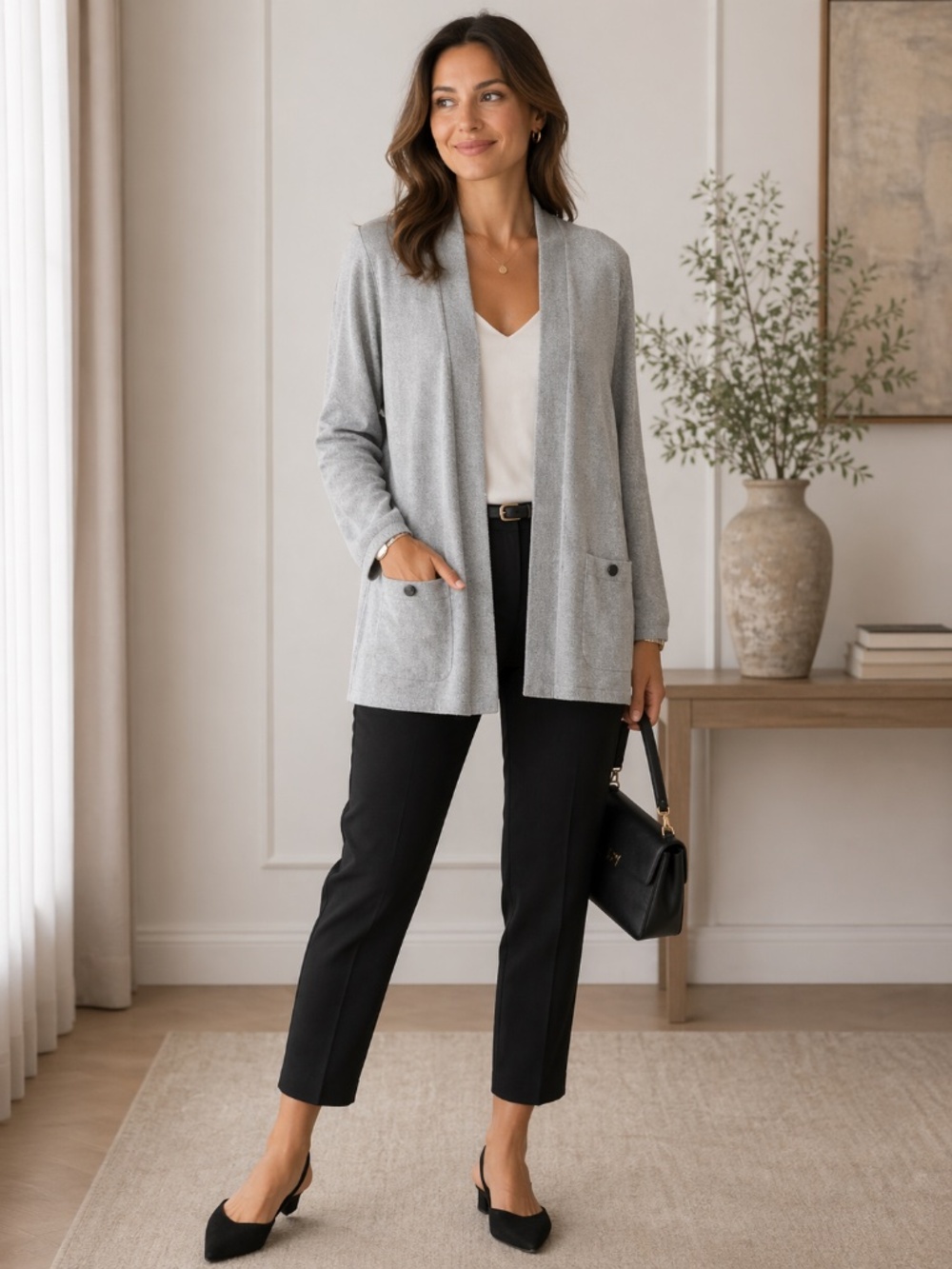 Anne Klein Gray Metallic Cotton Cashmere Open Front Cardigan M